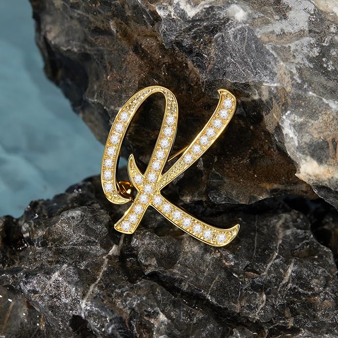 Cicy Bell A-Z Initial 26 Letter Brooch Pins 18k Gold Plated Cubic Zirconia Breastpin Name Personalized Gifts for Women Men