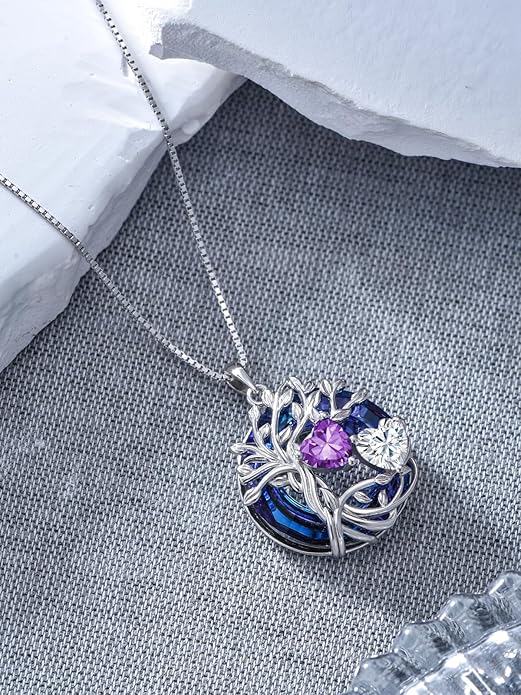 TOUPOP s925 Sterling Silver Family Celtic Tree of Life Pendant Necklaces with 2 Heart Birthstone with Blue Austrian Crystal Jewelry Birthday Anniversary Christmas Gifts for Her Wife Girlfriend Mom (18K Real White Gold Filled)