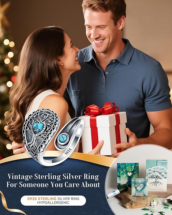 S925-Sterling-Silver Abalone Dragonfly-Turquoise Spoon Ring - Vintage Boho Sunflower Thumb Oxidized Wrap Rings Victorian Style Antique Floral Jewelry Gifts for Women