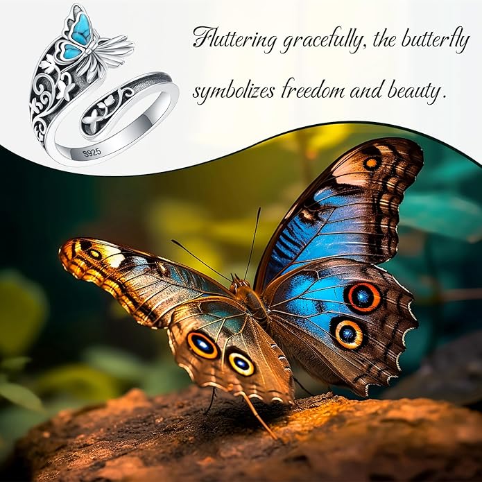 S925-Sterling-Silver Abalone Dragonfly-Turquoise Spoon Ring - Vintage Boho Sunflower Thumb Oxidized Wrap Rings Victorian Style Antique Floral Jewelry Gifts for Women
