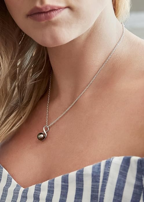 The Pearl Source Real Pearl Pendant for Women with Genuine AAA Quality Black Tahitian Cultured Pearl with Infinity Design | 14K Gold Plated 925 Sterling Silver Necklace with 16"-20" Adjustable Chain