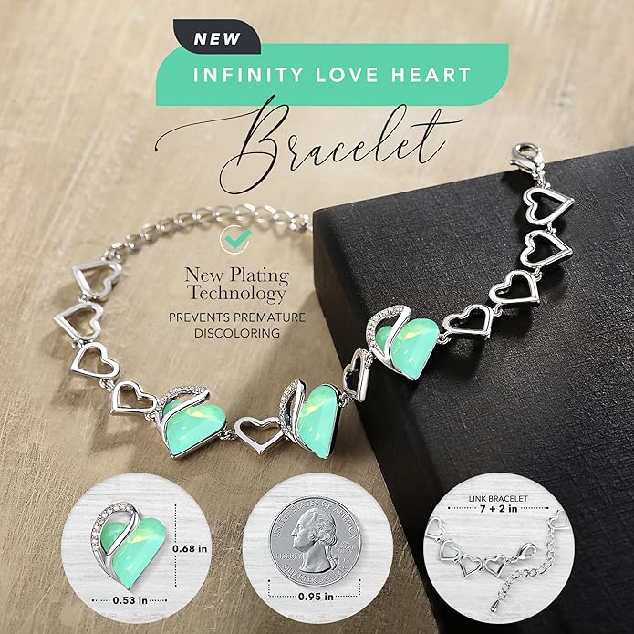 Leafael Infinity Love Heart Link Bracelets, Birthstone or Healing Stone Crystal Bracelet for Women, Silver Tone Jewelry Gifts for Her, 7-inch Chain and 2-inch Extender