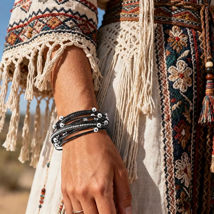 ENGCKSHI Wrapped Bracelets for Women,Leather Bracelet,Boho Bracelets for Women,Multi-Layer Pearl Crystal Bracelet Bangle Jewelry