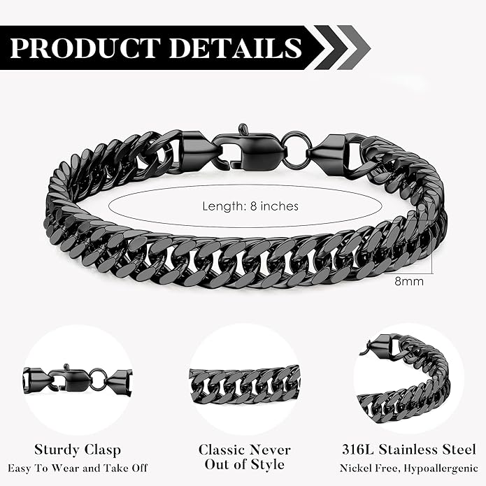 IEFLIFE Bracelet Gifts for Men Him - Silver/Black Stainless Steel Cuban Link Chain Bracelet Gifts for Son Grandson, Fathers Day Anniversary Birthday Gift for Men Husband, 8mm Bracelets Gift Jewelry