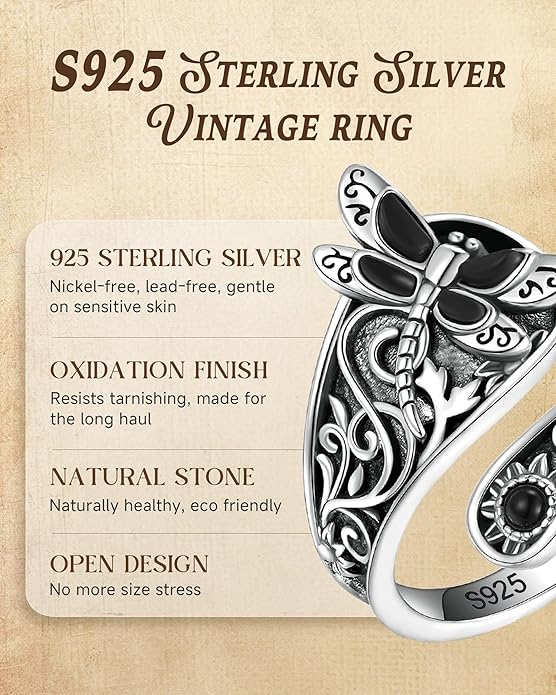 S925-Sterling-Silver Abalone Dragonfly-Turquoise Spoon Ring - Vintage Boho Sunflower Thumb Oxidized Wrap Rings Victorian Style Antique Floral Jewelry Gifts for Women