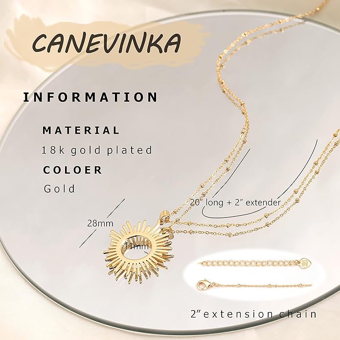 CANEVINKA 18K Gold Plate Coin Pendant Necklace for Women Dainty Compass Sunflower Necklaces Personalized Chain Layered Jewelry