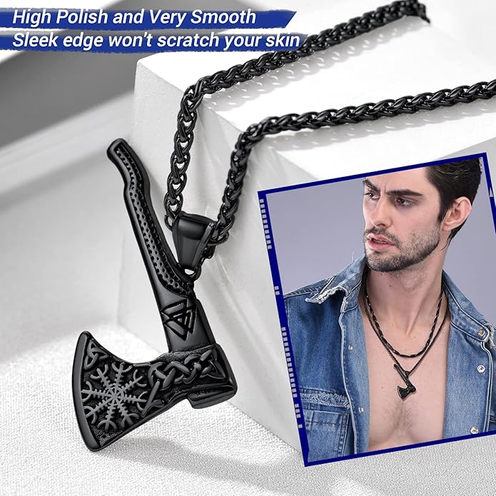 PROSTEEL Norse Viking Jewelry for Men Women, Vintage Thor Hammer/Thor Axe/Raven/Odin Necklace, 316L Stainless Steel Pendant Chain, Come with Box
