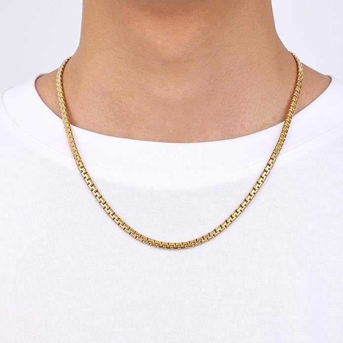 Fiusem Flat Box Chains for Men, 14k Gold Plated Stainless Steel Chain Necklace, 2.5/3/4/4.5/5mm Necklaces for Men and Women 16-28 Inch