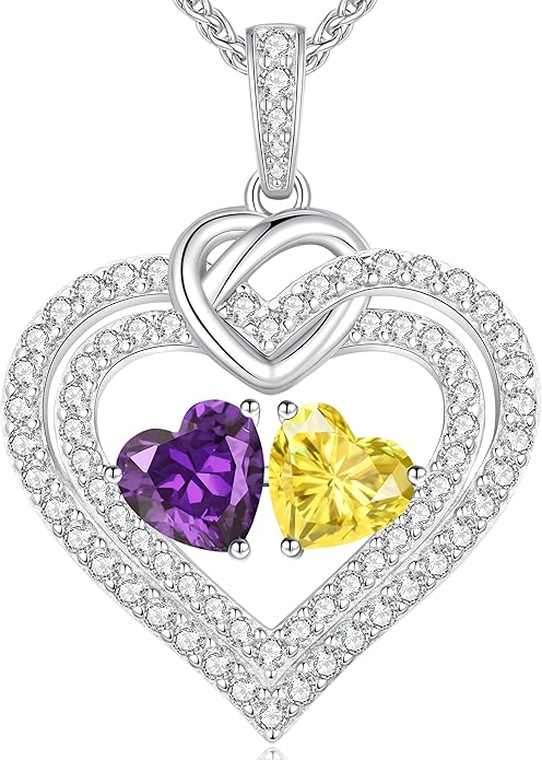 LOUISA SECRET Sparkling Double Heart Birthstone Necklaces for Women, 925 Sterling Silver Fine Jewelry, Pendant Heart Necklaces Birthday Anniversary Christmas Gift for Women Wife Mom Girlfriend Lady