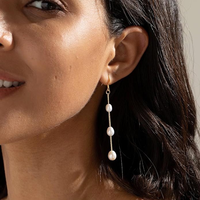 Long Pearl Earrings for Women 18K Gold Plated Hypoallergenic Lightweight Pearl Dangle Drop Earrings for Wedding Elegant Jewelry for Bridal Christmas Gift