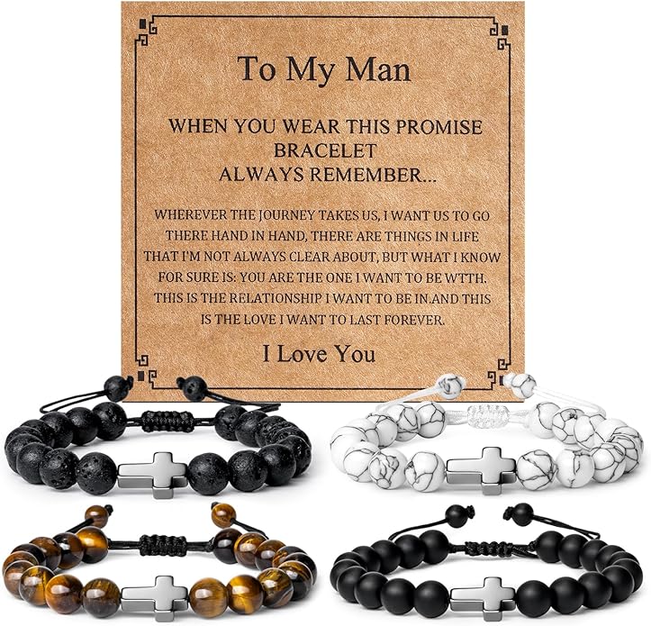 Romass 2Pcs Cross Bracelet for Men,Tiger Eye Beaded Bracelets 8MM Natural Stone Adjustable Jewelry Christian Easter Christmas Gifts Box