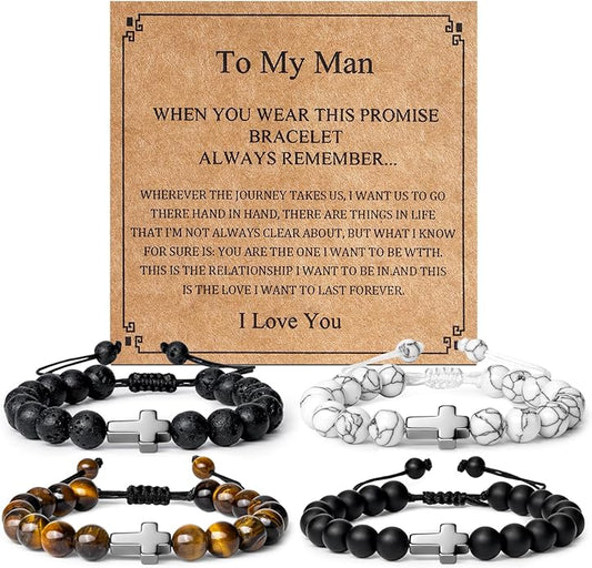 Romass 2Pcs Cross Bracelet for Men,Tiger Eye Beaded Bracelets 8MM Natural Stone Adjustable Jewelry Christian Easter Christmas Gifts Box