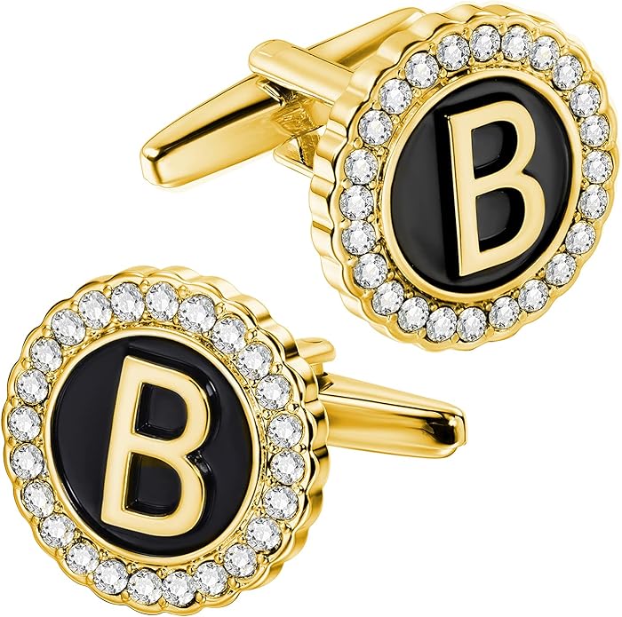 HAWSON A-Z Initial Cufflinks for Men and Women with Clear Crystal, Gold Silver Color Rasied Letter A-Z Cuff Links for French Shirt, Gift for Normal and Business Wearing
