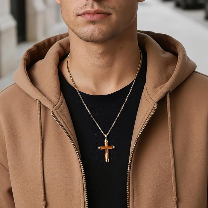 GTMJ Cross Necklace for Men -Stainless Steel & Gemstone Adjustable Box Chain 24-26in, Spiritual Jewelry Gift for Him, Everyday Wear