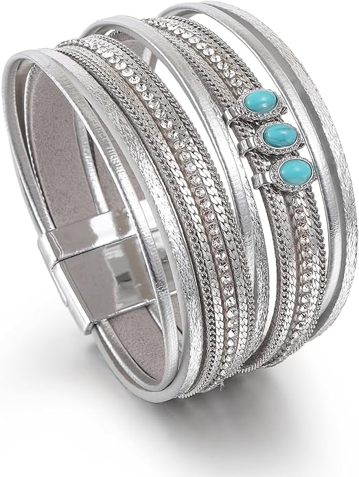 Edoneery Leather Wrap Bracelet for Women, Boho Handmade Multi-Layer Cuff with Crystal Beads Heart, Stackable Bangle Western Jewelry Gift