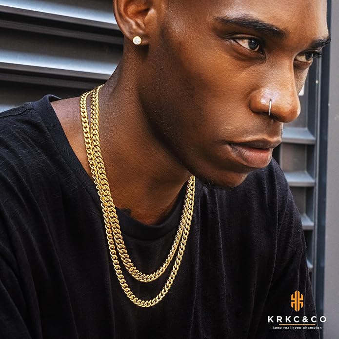 KRKC&CO Cuban Link Chain for Men 8/10/12/14mm, Brithday Gift for Men, 18k Gold Miami Necklace, Durable, Anti-Allergies Hip Hop Jewelry for Mens