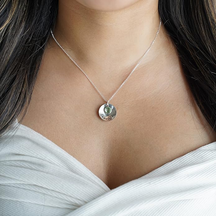 Sterling Silver Personalized Domed and Hammered One Name Necklace. Customize with Your Choice of Characters. Hammered Finish. Includes 925 Chain and Crystal Birthstone. Gifts for Her, Mother, Wife