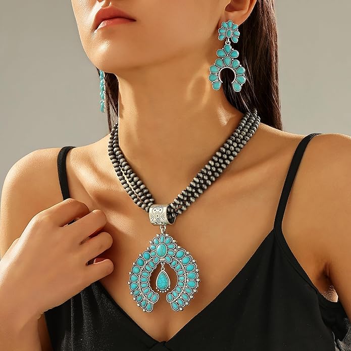 KLSURPRISE2 Western Jewelry Sets for Women – Turquoise Necklace and Earring Set Vintage Boho Cowgirl Accessories Country Jewelry Gift for Her