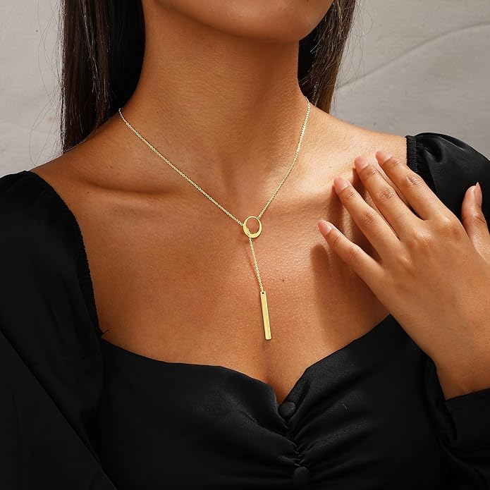 Long Gold Necklace for Women Trendy, Dainty Layered Lariat Necklace 14k Gold Plated Silver Y Shaped Beaded Chain Non Tarnish Drop Necklaces Simple Adjustable Jewelry Gift