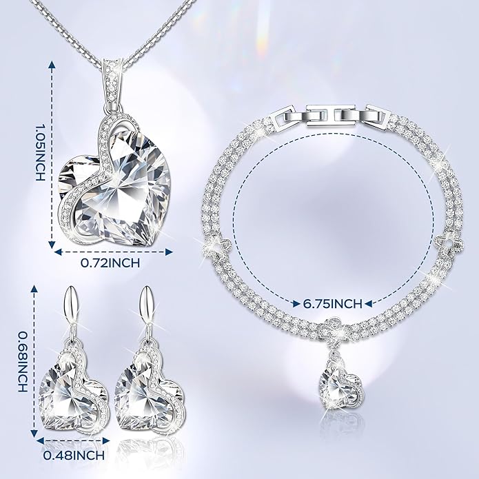 Blissful Heart Crystal Jewelry Sets For Women 18K White Gold Plated Bracelet Necklace and Earrings Sets for Wife Girlfriend or Mothers Idea Gift for Special Women in Life