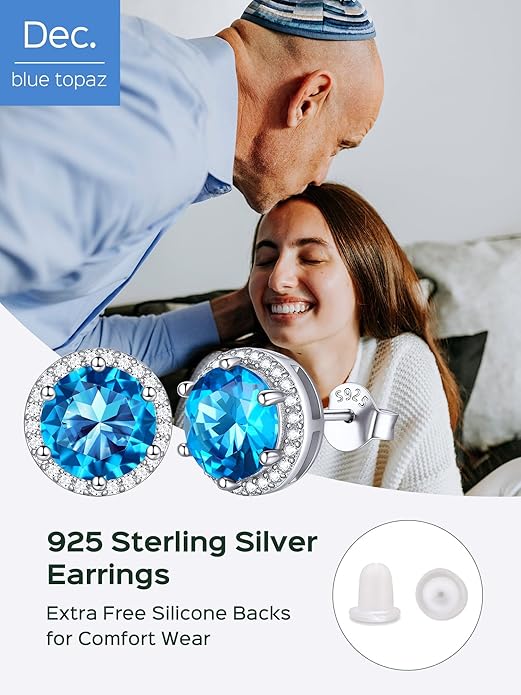 ChicSilver 925 Sterling Silver Birthstone Earrings for Women, 8MM/2 Carat Heart & Round Cubic Zirconia Stud Earrings, Hypoallergenic Jewelry, Ideal Birthday or Christmas Gifts