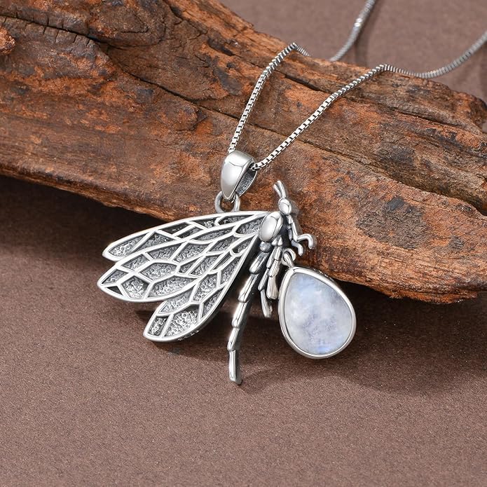 Vintage Dragonfly Necklace 925 Sterling Silver Genuine Moonstone Pendant Mystical Boho Jewelry Birthday Gift for Women
