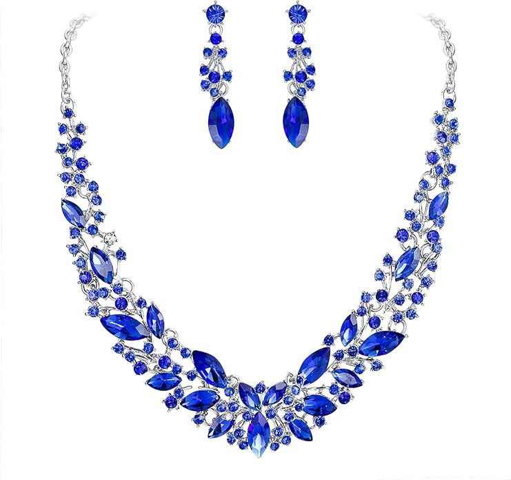 BriLove Women's Wedding Bridal Austrian Crystal Marquise Cluster Collar Necklace Dangle Earrings Set