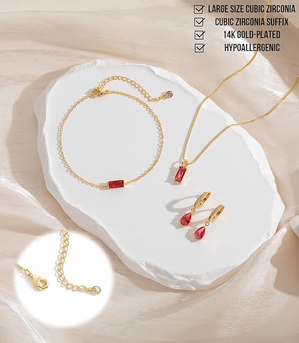 Birthstone 14K Gold Plated Bracelets Earrings Necklaces Jewelry Set， Blue Green May Cubic Zirconia，Friendship Bracelets Jewelry Gifts for Mom Best Friend Birthday
