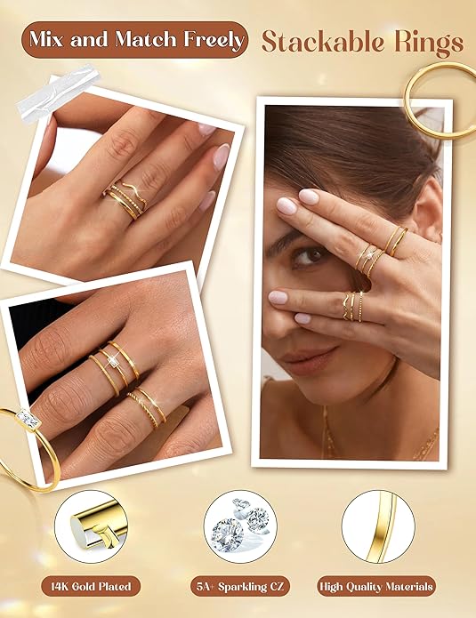 THUNARAZ 8Pcs Stackable Rings for Women Non Tarnish 14K Gold Plated Stainless Steel Dainty Rings Set Minimalist Thin Thumb Ring Cubic Zirconia Wave Statement Ring Bands for Women Size 5-10
