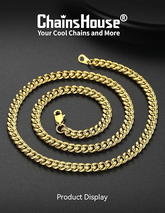 ChainsHouse Miami Cuban Link Chain Necklace for Men, 4.8mm/6mm/10mm/14mm Width, 14K Gold Plated/Stainless Steel/Black Mens Chunky Hip Hop Necklace Curb Chains, 14"-30" Length, Come Gift Box