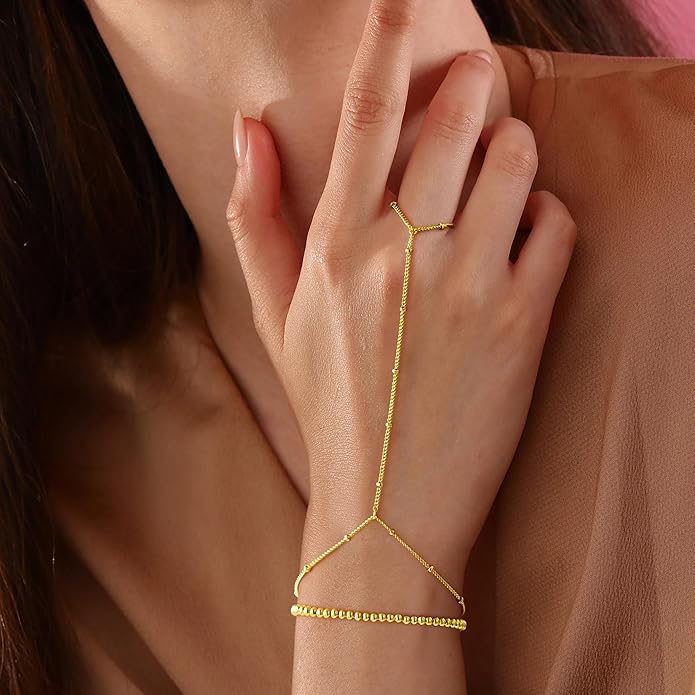 Yoosteel Hand Chain Bracelet for Women - Dainty 14K-Gold-Plated Finger Ring Hand Chains Layered Trendy Link Bracelets Jewelry Gifts for Women