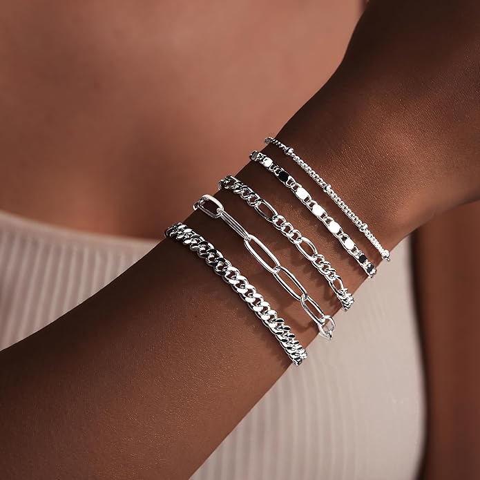 7PCS 14K Gold Plated Bracelets Sets for Women，Dainty Fashion Layered Cuban Link Chain Herringbone Paperclip Chain Bracelets Stack，Trendy Simple Stackable Gold Silver Bracelets Jewelry Gifts
