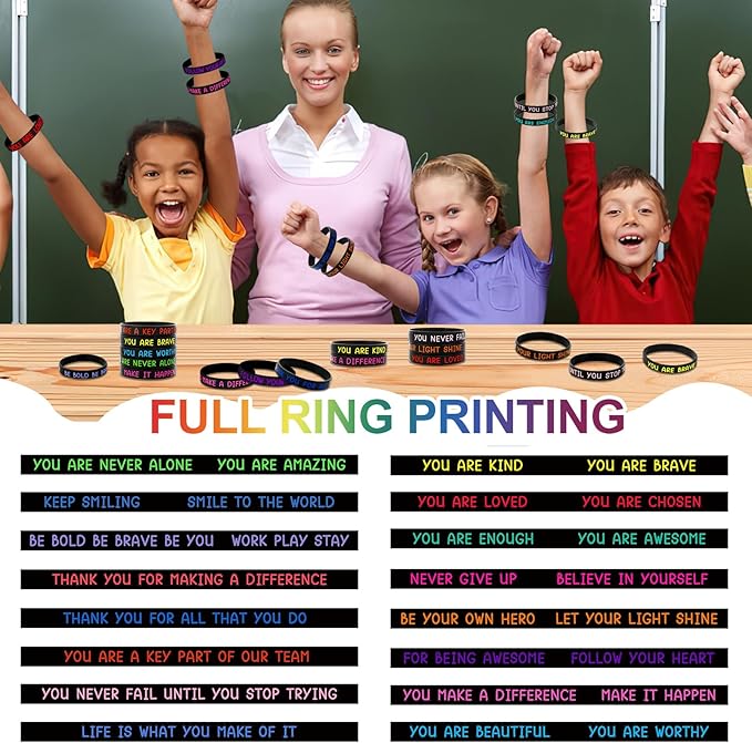 JUNEBRUSHS 64pcs Motivational Silicone Bracelets Bulk Black Colored Inspirational Rubber Wristbands for Student Teacher Back To School Gifts Classroom Reward Birthday Party Favor (16 Designs)