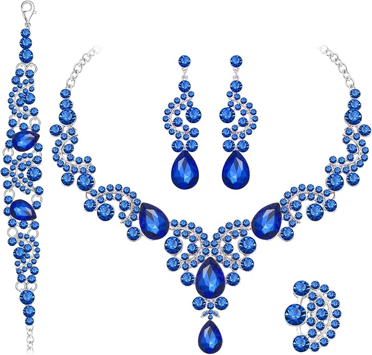 Paxuan Crystal Bridal Wedding Jewelry Sets for Women Rhinestone Teardrop Crystal Statement Choker Necklace Drop Earrings Link Bracelets Rings Teardrop Jewelry Set for Brides Bridesmaids