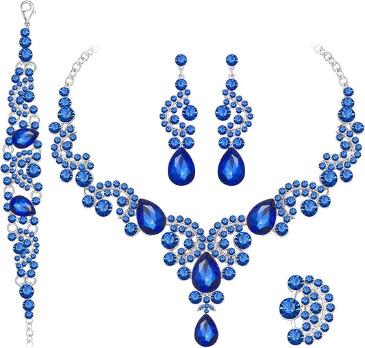 Paxuan Crystal Bridal Wedding Jewelry Sets for Women Rhinestone Teardrop Crystal Statement Choker Necklace Drop Earrings Link Bracelets Rings Teardrop Jewelry Set for Brides Bridesmaids