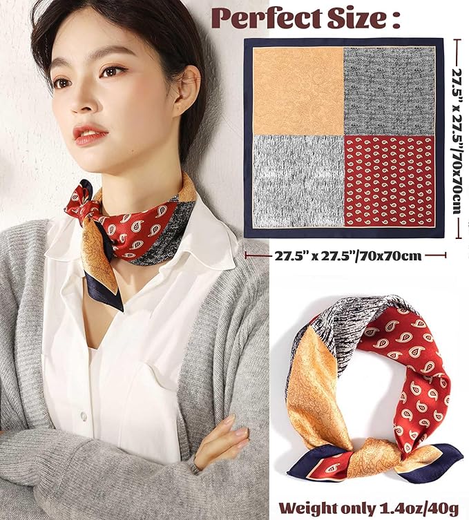 kcctoo 27.5" Mulberry Silk Feeling Head Scarf Women's Fashion Square Neck Satin Scarfs for Bag Hair Scarves Gift