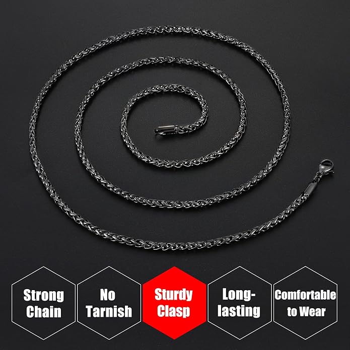 Fiusem Wheat Chains for Men and Women, 2/2.5/3/4/5mm Silver Tone/14K Gold Plated/Black Necklace Chain, Stainless Steel Mens Necklace 16-28 Inch