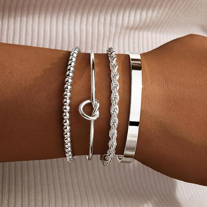 Silver Bracelets for Women Stack, Silver or Gold Plated Cuff Bangle Set, Trendy Silver Jewelry for Women Fashion