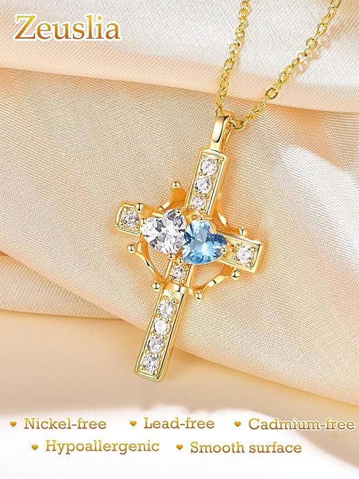 Zeuslia Double Birthstone Necklace Gifts for Wife - 925 Sterling Silver Sunflower/Rose/Crown Cross/Compass/Heart Pendant I Love You Necklace, Anniversary Birthday Gifts for Wife Girlfriend Mom Her