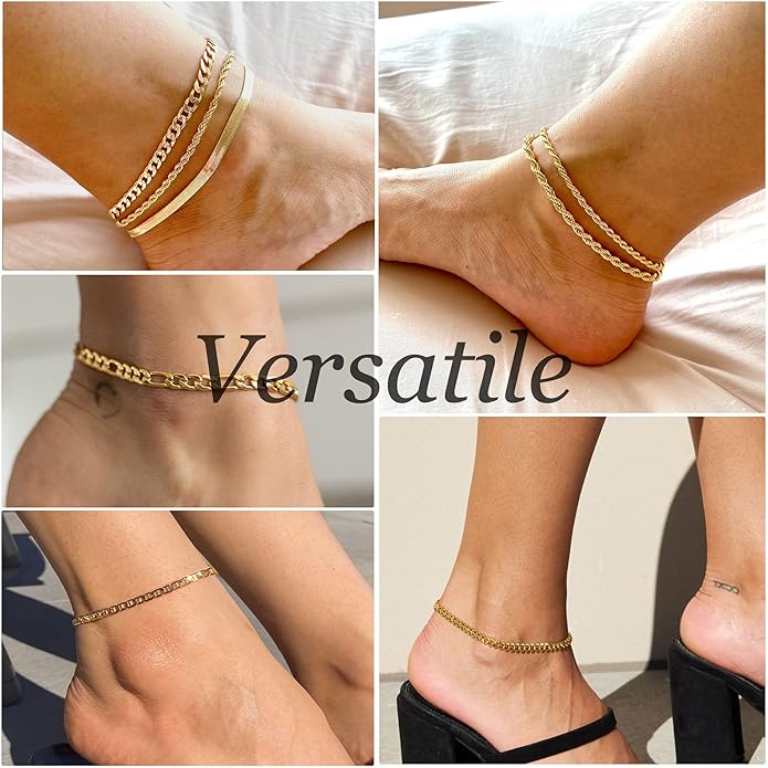 DEARMAY 14K Gold Plated Ankle Bracelets for Women Waterproof - Dainty 6Pcs Anklets Layered Cuban Link Chain Herringbone Cute Anklets Set Pack Summer Beach Jewelry Gift for Women Teen