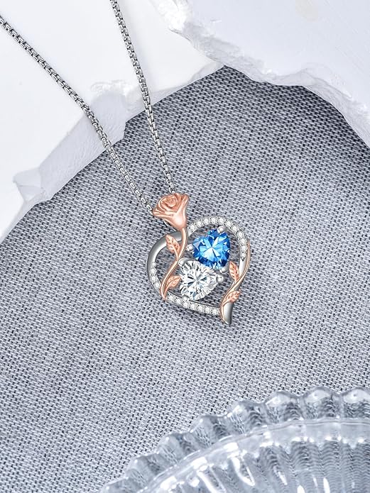 Christmas Gifts for Women Rose Heart Birthstone Pendant Necklace I Love You Forever Jewelry Valentine Mothers Day Birthday Gifts for Women Her Wife Girlfriend