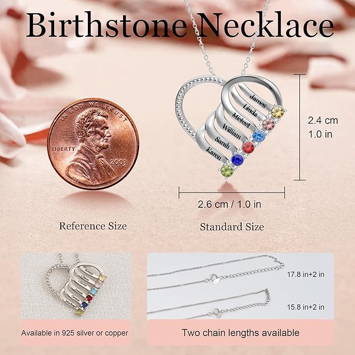 Easycosy Custom Name Necklace with Simulated Birthstones Customized Promise Necklace Heart Pendant with Engraved 2-6 Names - Anniversary Birthday Christmas Jewelry Gifts for Women Wife Mom Grandma