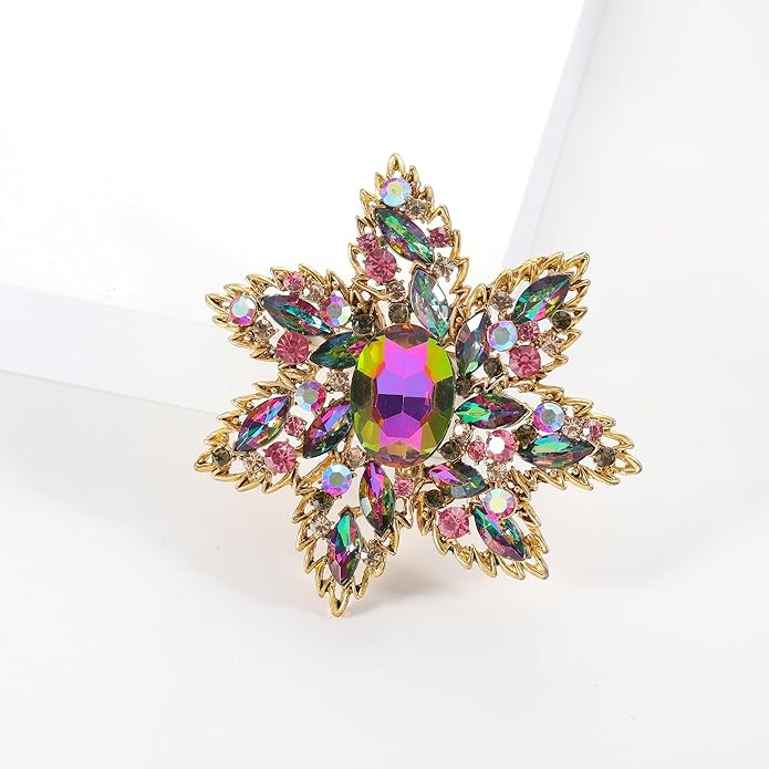 YOQUCOL Vintage Austrian Crystal Rhinestone Flower Shape Big Large Brooch Pin For Women Grils Golden Tone