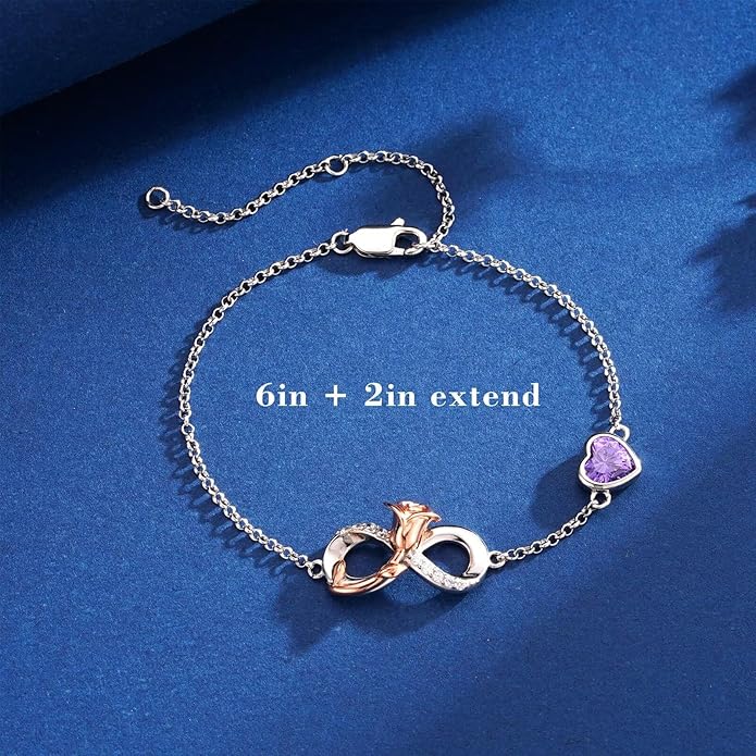Iefil Infinite Rose Birthstone Bracelet for Women, 925 Sterling Silver Charm Link Birthstone Bracelet, Anniversary Birthday Gifts for Women, Mothers Day Valentines Christmas Gifts for Wife Girlfriend