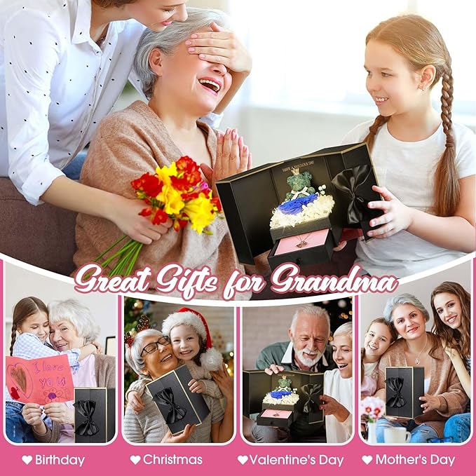 ADDWel Great Gifts for Grandma, Preserved Real Roses with I Love You 100 Languags Grandma Necklace, Cute Bear and Meaningful Eternal Roses for Grandmother Nana Birthday