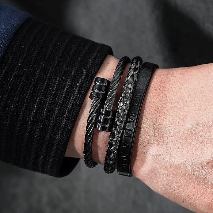 WFYOU 3PCS Stainless Steel Bracelets for Men Gold Roman Numeral Bangle Bracelet Twisted Cable Bracelet Adjustable Cuff Bracelet Mens Luxury Jewelry Bracelets Gifts