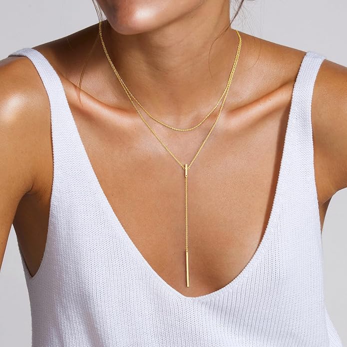 Yoosteel Long Lariat Necklace for Women - Dainty Y-Shaped Necklaces 14K-Gold-Plated Drop Chain Simple Jewelry Trendy Gifts for Women