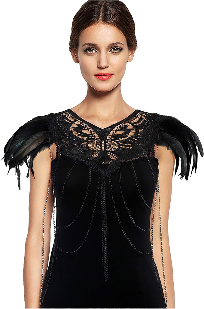 L'VOW Real Black Feather Harness Lace Collar Necklace Bib Halloween