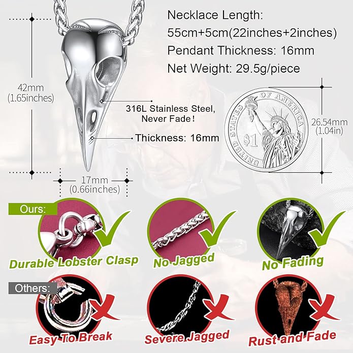 FaithHeart Viking Raven Necklace for Men, Norse Mythology Raven Skull Pendant Sturdy Stainless Steel Amulet Jewelry Gift for Men