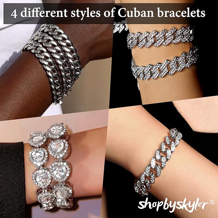 shopbyskyler 4PCS Gold Bracelets for Women Silver Clustered Tennis Bracelet for Women Heart Round Diamond Cuban Bracelet Layered Link Bracelet Set Fashion Jewelry for Women Set